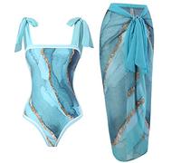 Bslingerie Ensemble de maillot de bain femme modeste Monokini une pièce avec paréo assorti - Ensemble de 2 pièces pour se couvrir à la plage, bleu, S