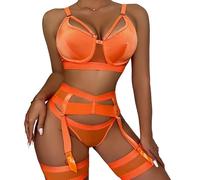 Bslingerie Femme Ensemble 4 pièces de Lingerie Sexy avec Jarretelles et Jarretelles Tenue de Nuit (XL, Orange