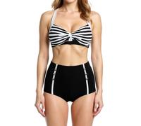 Bslingerie Femme Taille Haute Bikini Maillots de Bain Grande Taille (S, Rayures Noir)