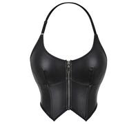 bslingerie Femmes Halter Neck Minceur Push Up Cuir Corset Crop Top, noir, Small