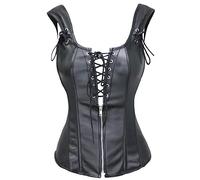 Bslingerie® Femmes Noir Cuir synthétique Overbust Corset avec Thong (L - EU 38-40, Noir)