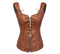Bslingerie® Femmes Noir Cuir synthétique Overbust Corset avec Thong (XXL - EU 42-44, Brun)