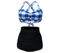 Bslingerie® Maillot de Bain 2 pièces Dos Nu rétro Taille Haute pour Femme, Bleu à Carreaux, XXL