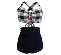 Bslingerie® Maillot de Bain 2 pièces Dos Nu rétro Taille Haute pour Femme, Noir à Carreaux., 3XL
