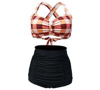Bslingerie® Maillot de Bain 2 pièces Dos Nu rétro Taille Haute pour Femme, Rouge à Carreaux., XXL