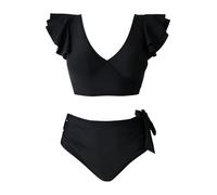 Bslingerie Maillot de bain deux pièces taille haute à volants pour femme avec bas froncé à nouer sur le devant - Grande taille, Noir , XL