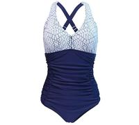 Bslingerie® Maillot de bain une pièce monokini classique à dos nu pour femme, bleu/blanc, XXL