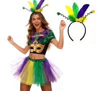 BSLVWG Bandeaux de tête de Mardi Gras, Bandeau de cheveux en plume de paillettes avec Fleur De Lis & Masque, Fascinateur de masquerade de carnaval (A)