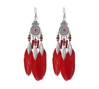 BSLVWG Boucles d'oreilles en plumes de Bohême, boucles d'oreilles en plumes fausses pour femmes, boucles d'oreilles en plumes de Bohême (Rouge)