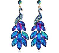 BSLVWG Boucles d'oreilles paon vintage pour femmes et filles - Style bohème plaqué or 14 carats - Plume de cristal vert - Exagération - Cadeau d'anniversaire de vacances, Acier allié