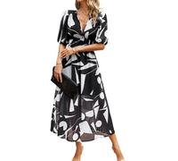 BSLVWG Femmes bohème Longue Robe Femme col en V imprimé Taille Haute bohème été Plage Flottante Swing Vacation Longue Robe midi (FR/ES, Alpha/Lettres, L, Taille Normale, Taille Normale, Noir)