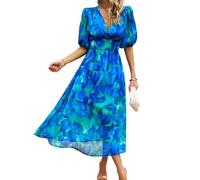 BSLVWG Femmes bohème Longue Robe Femme col en V imprimé Taille Haute bohème été Plage Flottante Swing Vacation Longue Robe midi (FR/ES, Alpha/Lettres, TG, Taille Normale, Taille Normale, Bleu)