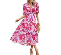 BSLVWG Femmes bohème Longue Robe Femme col en V imprimé Taille Haute bohème été Plage Flottante Swing Vacation Longue Robe midi (FR/ES, Alpha/Lettres, S, Taille Normale, Taille Normale, Rouge)