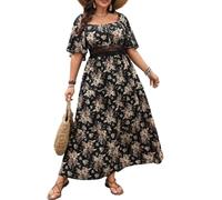BSLVWG Femmes Casual Plus Taille bohème col carré Manches Courtes imprimé Long Oversize Taille élastique a - Ligne Plage Swing Robe (FR/ES, Alpha/Lettres, 3TG, Grande Taille, Taille Normale, Noir)