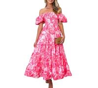 BSLVWG Femmes d'été Hors des épaules Robe Florale Impression Flow a- Ligne Longue Vêtements bohème à Manches Bulles Robes de Plage (FR/ES, Alpha/Lettres, M, Taille Normale, Taille Normale, 01)