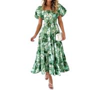 BSLVWG Femmes d'été Hors des épaules Robe Florale Impression Flow a- Ligne Longue Vêtements bohème à Manches Bulles Robes de Plage (FR/ES, Alpha/Lettres, L, Taille Normale, Taille Normale, 06)