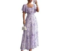 BSLVWG Femmes été décontracté Chiffon Puff Manches Florales imprimé Buste Une Ligne Robe Haute Taille Robe Plage Maxi Robes fluides (FR/ES, Alpha/Lettres, TTG, Taille Normale, Taille Normale, Violet)