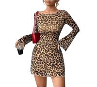BSLVWG Femmes Mini Robe Manches Longues léopard a - Ligne Jupe évasée U - Style Robes à Dos découvert Cocktail Moulante (FR/ES, Alpha/Lettres, L, Taille Normale, Taille Normale, Brun)