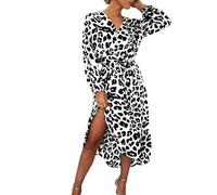 BSLVWG Femmes Sexy léopard midi Robe Manches Longues Robe à Lacets Femmes V - Neck Femmes Casual Dress Automne Hiver (FR/ES, Alpha/Lettres, M, Taille Normale, Taille Normale, Blanc)
