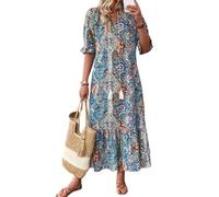 BSLVWG Femmes Summer Maxi Bohemian Beach Dress imprimé col en V froncé Manches Courtes Cordon de Serrage Fleur Robe de Style Ethnique (FR/ES, Alpha/Lettres, M, Taille Normale, Taille Normale, Bleu)