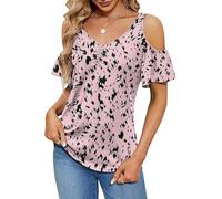 BSLVWG Femmes V - Neck Tops Cold Shoulders t - Shirt à Manches Courtes plissé imprimé Tunique Tops Chemises Tops (FR/ES, Alpha/Lettres, TG, Taille Normale, Taille Normale, léopard Rose)