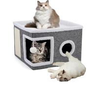 BSLVWG Grand lit d'hiver pour chat d'intérieur avec tapis à gratter et boule moelleuse suspendue, fenêtre ronde, cachette pliable avec coussin réversible pour animaux de compagnie de petite taille