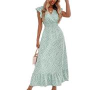 BSLVWG Maxi Robes pour Femme Lotus pétales Manches Courtes col en V Floral été Plage Vacances Jupe Soleil Robe Longue décontractée (FR/ES, Alpha/Lettres, L, Taille Normale, Taille Normale, Vert)