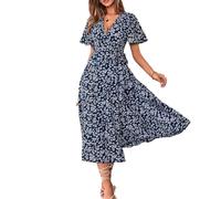 BSLVWG Robe d'été mi-longue à manches courtes et col en V pour femme, robe mi-longue, décontractée, motif floral, robe de vacances, bleu, S