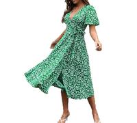 BSLVWG Robe d'été mi-longue à manches courtes et col en V pour femme, robe mi-longue, décontractée, motif floral, robe de vacances, Vert, XL