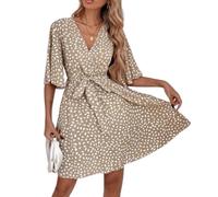 BSLVWG Robe longue à volants pour femme, manches courtes, col en V, motif de pétales et de fleurs, fluide, pour l'été, la plage, les vacances, décontractée, Kaki-1., L