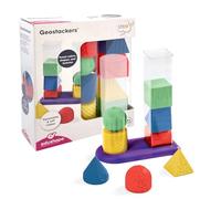 BSM Edushape - Geo Stacker - Jeu d'Empilement de Formes Géométriques - 2 Tours Transparentes, 8 Formes Tactiles et Cartes Défi - Jouet Éducatif Bébé Dès 12 Mois