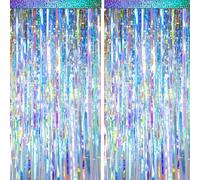 BSRESIN Lot de 2 rideaux à franges en feuille d'aluminium irisé fluo transparent holographique pour anniversaire, mariage, fête prénatale, sirène, euphorie, irisé