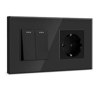 BSSED Interrupteur mural avec prise de courant 2 prises 1 voie 10 A Plaque de verre cristal Interrupteur mural avec prise Schuko 16 A Noir Interrupteur mural physique avec prise 157 mm