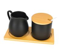 bssmmai Ensemble de lait et de sucre avec couvercle et cuillère, pot à lait noir en céramique et sucrier avec plateau en bois, pot à lait, passe au lave-vaisselle et au micro-ondes