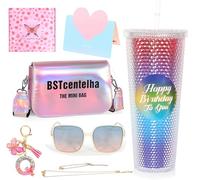 BSTcentelha Cadeaux d'anniversaire personnalisés pour Les Filles âgées de 8, 9,10,11,12,13,14,15Ans | Bouteille d'eau d'arc-en-Ciel,Lunettes de Soleil,Porte-clés,Sac à bandoulière, Cadeaux pour filles