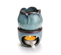 BSTKEY Brûleur d'huiles essentielles en céramique avec cuillère à bougie, photophore décoratif pour bougie chauffe-plat, brûleur à huile pour fonte, modèle floral (bleu)