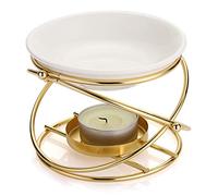 BSTKEY Brûleur d'huiles essentielles en métal avec bol en céramique, bougeoir décoratif pour la maison, diffuseur d'arômes, forme ronde (doré)