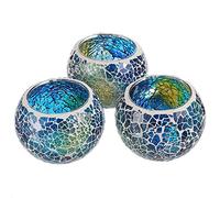 BSTKEY Lot de 3 photophores ronds en verre mosaïque pour table, mariage, fête, décoration d'intérieur (bleu)