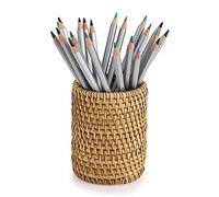BSTKEY Organiseur de bureau en rotin tissé à la main pour crayons, papeterie, pinceaux de maquillage, support (cylindre)