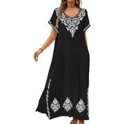 Bsubseach Caftan Robes Plus Taille Pour Femmes Curvy Maillot De Bain Brodé Cover Up V Neck Maillot De Bain Coverup Noir