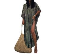 Bsubseach Femme Robe de Plage Tunique Plage Caftan Grande Taille Demi Manches Kaftan Bohème Maxi Longue Armée Vert