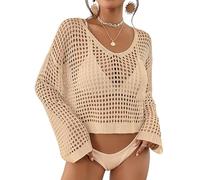 Bsubseach Femmes Crochet Crop Top Plage Maillot De Bain Cover Up Manches Longues Hollow Out Maillot De Bain Cover Ups Tenues D’éTé Abricot