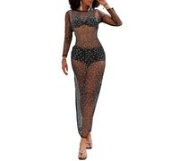 Bsubseach Femmes Long Maillot De Bain Couvrir Voir à Travers Maille Strass Coverup Robe CôTé Split Beach Cover Ups Noir Xl