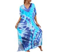 Bsubseach Plage ColoréE Cover Up Robe Kaftan Loose Manches Courtes Maillot De Bain Coverup Pour Femmes Blue Tie Dye