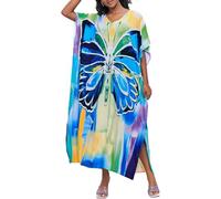 Bsubseach Robes Kaftan Pour Femmes Papillon Imprimé Plage Couvrir Robe Batwing Manches Longues Caftans Bleu