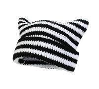 BSYLOO Bonnet en crochet avec oreilles de chat pour femmes, bonnet tricoté chaud d'hiver avec mignonnes oreilles d'animaux, style Y2K moelleux, pour filles et adultes, Noir+Blanc, S/L