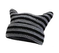 BSYLOO Bonnet en crochet avec oreilles de chat pour femmes, bonnet tricoté chaud d'hiver avec mignonnes oreilles d'animaux, style Y2K, pelucheux, pour filles et adultes, noir/gris, S/L