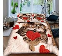 BSYYZQC Housse de Couette 135x200 CœUr, Parure de Lit 90x190 Chat, Ensemble de Lit Reversible, Housse de Couettes Microfibre et 2 Taies d'oreiller 65x65 cm, avec Fermeture Éclair