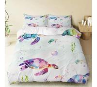 BSYYZQC Housse de Couette 135x200 OcéAn Parure de Lit 90x190 Tortue ColoréE Ensemble de Lit Reversible, Housse de Couettes Microfibre et 2 Taies d'oreiller 65x65 cm, avec Fermeture Éclair