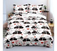 BSYYZQC Housse de Couette 140x200 Amour, Parure de Lit Chat, Ensemble de Lit Reversible, Housse de Couettes Microfibre et 2 Taies d'oreiller 65x65 cm, avec Fermeture Éclair